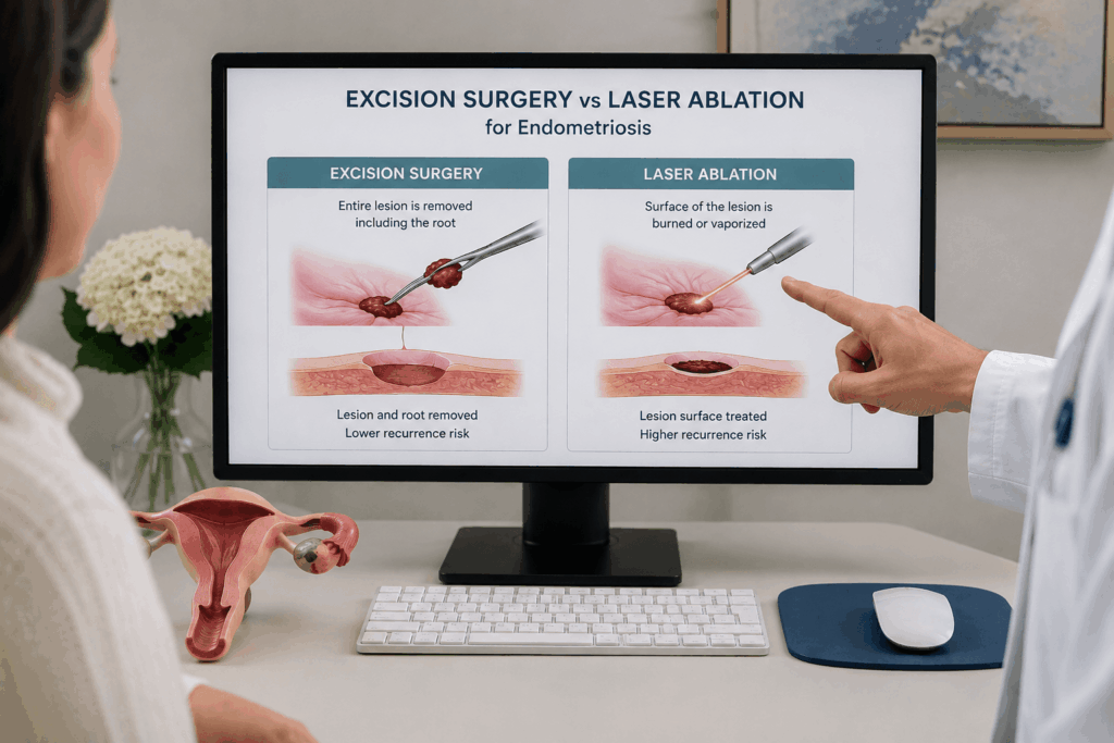 Excision surgery versus laser ablation for endometriosis explained during a patient consultation