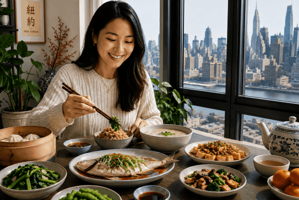 Chinese New Yorker with Endometriosis enjoying a balanced Chinese meal with steamed fish, vegetables, tofu, and brown rice