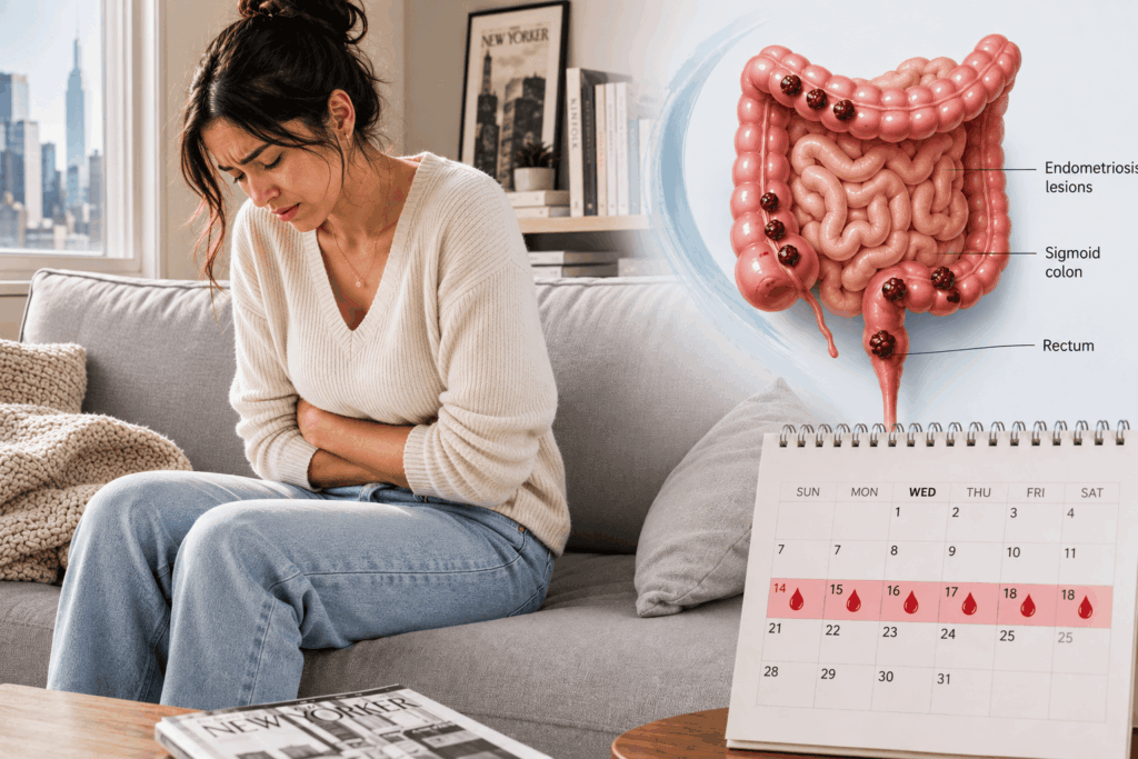Young woman with abdominal pain alongside an illustration of bowel endometriosis affecting the colon and rectum