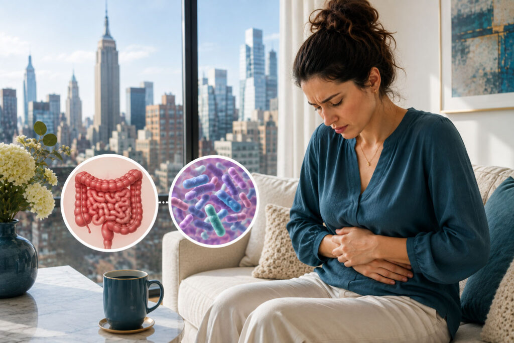 Woman with endo belly and illustrations representing intestinal bacterial overgrowth