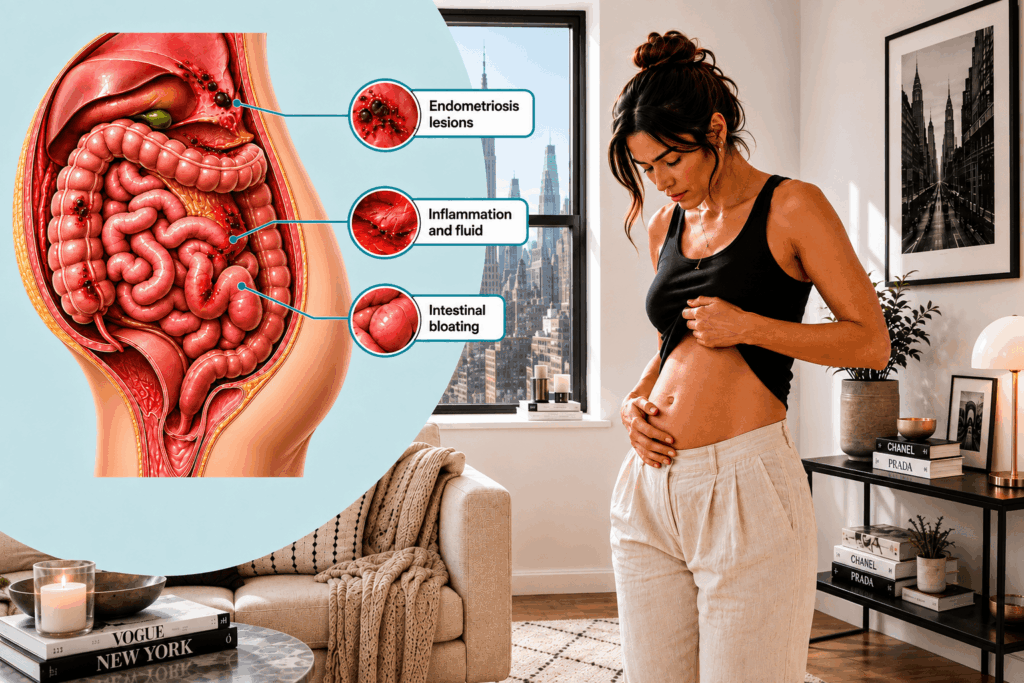 Medical illustration of endometriosis lesions, inflammation and intestinal bloating beside a woman experiencing abdominal swelling associated with endo belly.