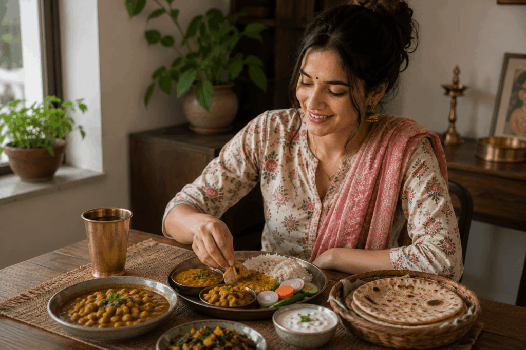 Traditional Indian meal with dal, vegetables, whole wheat roti, yogurt, and healthy ingredients that support an anti-inflammatory eating pattern for endometriosis.