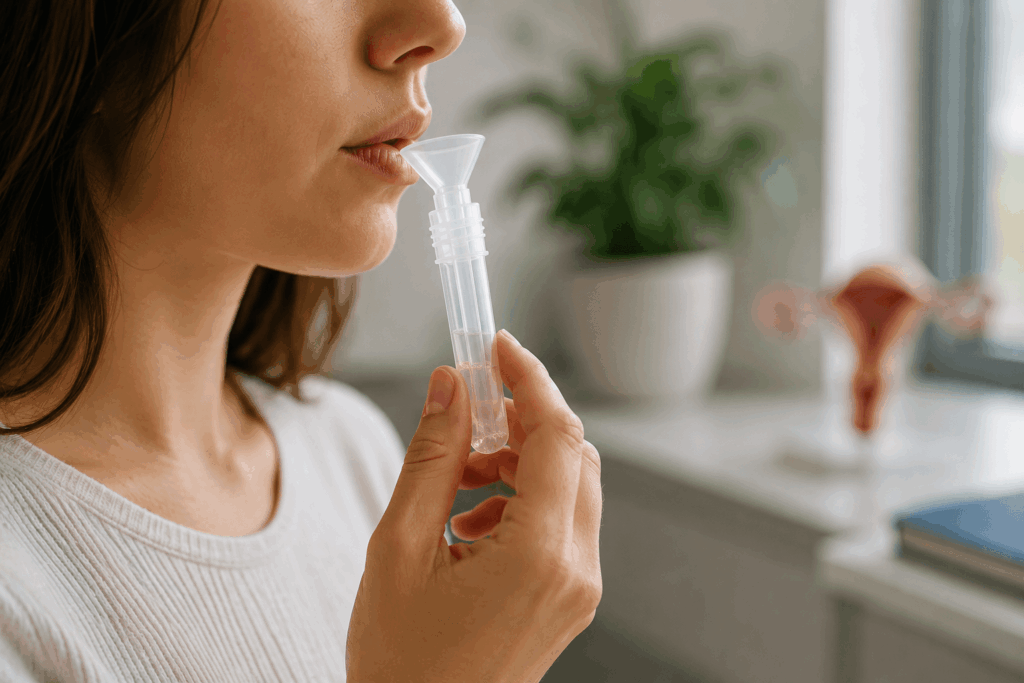 Woman using a saliva collection tube for a saliva test for endometriosis