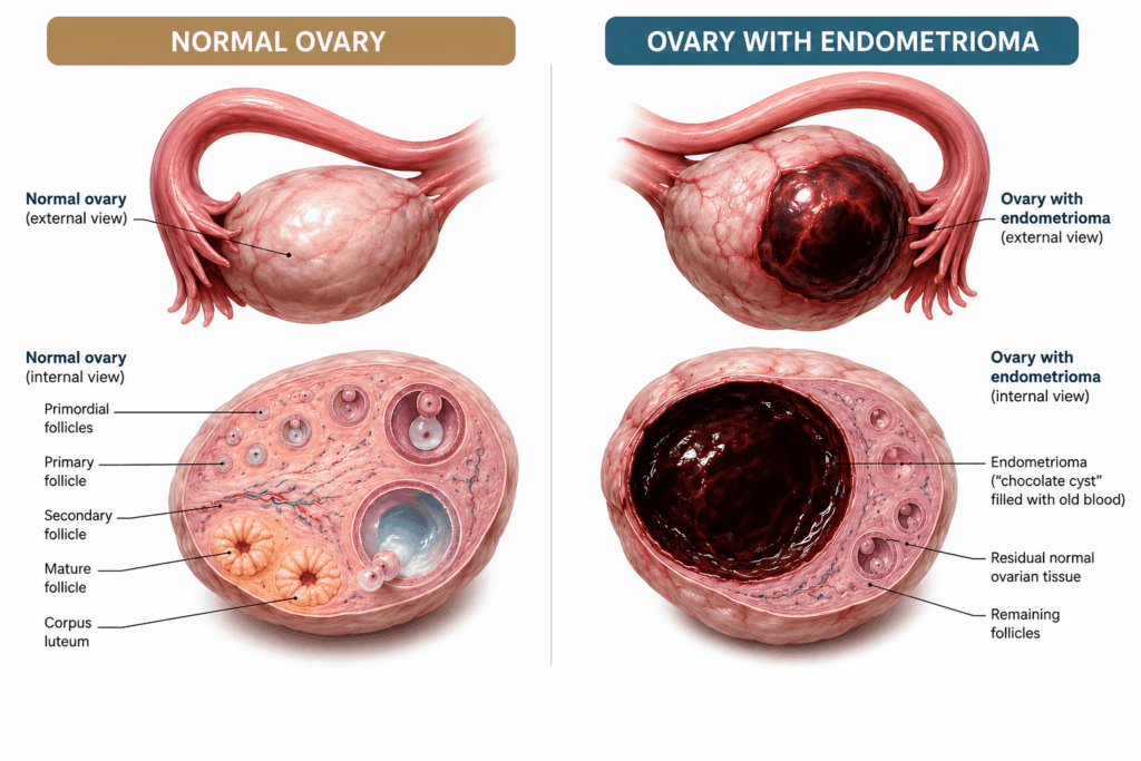 Medical illustration comparing a simple ovarian cyst with an ovarian endometrioma