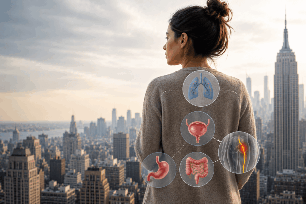 Woman in New York with illustrations showing lesser-known symptoms of endometriosis affecting the lungs, bladder, digestive system, and sciatic nerve