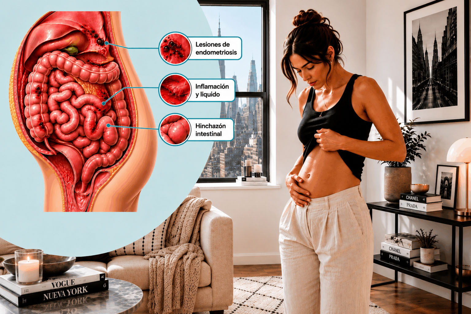Ilustración médica de lesiones de endometriosis, inflamación e hinchazón intestinal junto a una mujer que presenta distensión abdominal asociada con el “endo belly”.