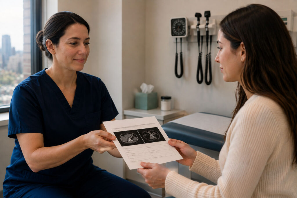 Endometriosis specialist handing imaging results to a young woman after an evaluation for endometriosis.