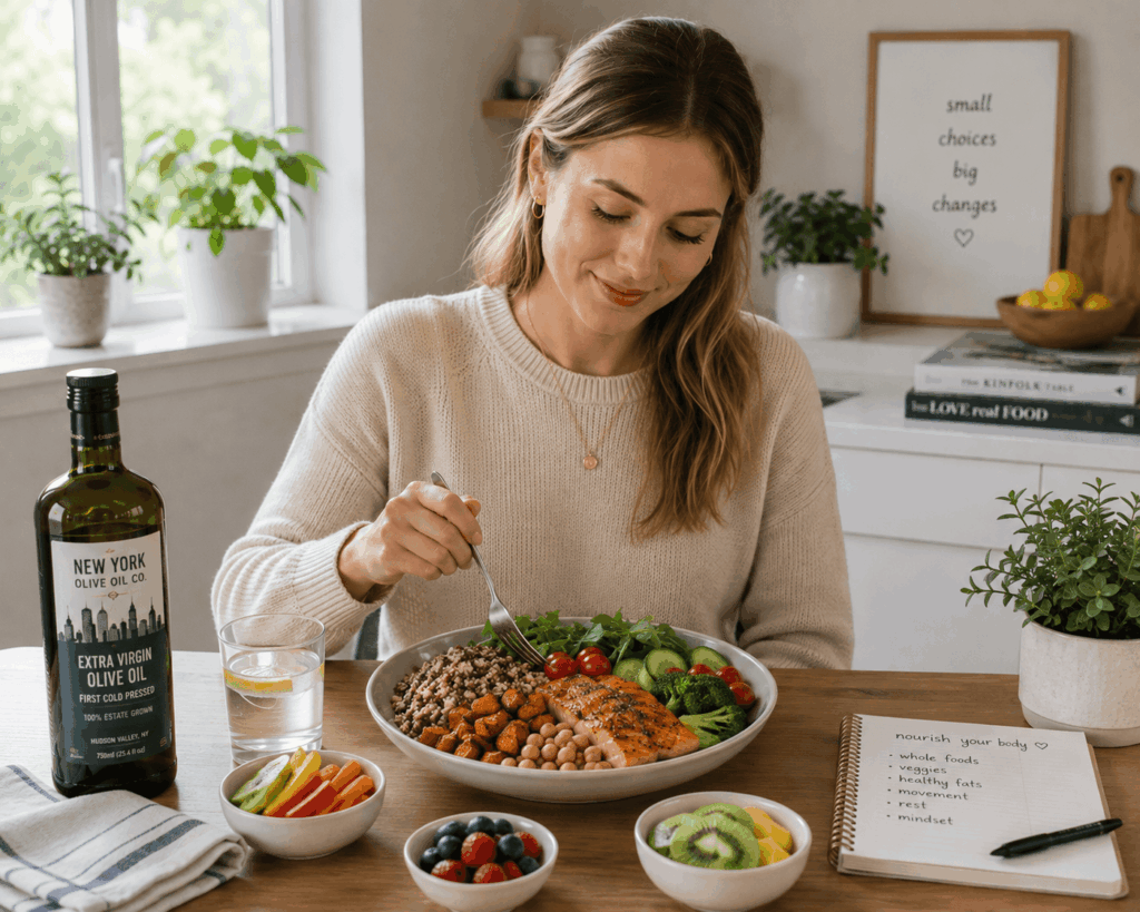 A young woman enjoying a balanced meal with vegetables, salmon, whole grains, and extra virgin olive oil as part of an evidence-based eating pattern for endometriosis.