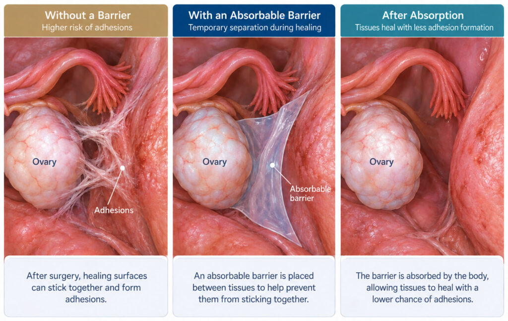 Illustration showing how an absorbable adhesion barrier may help reduce adhesions around the ovary after endometriosis surgery.
