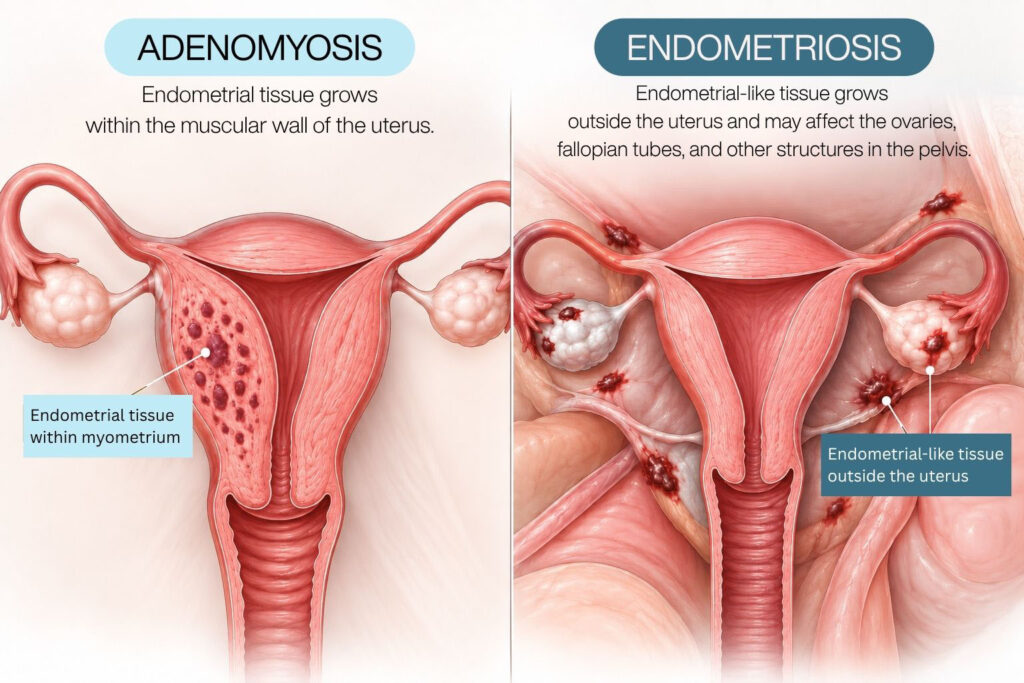Adenomyosis vs. endometriosis illustration showing endometrial-like tissue within the uterine muscle in adenomyosis and outside the uterus in endometriosis.