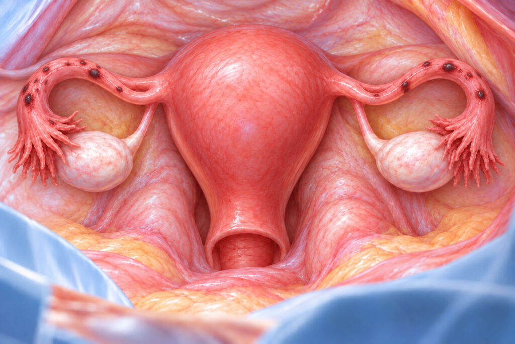 Medical illustration showing endometriosis and adhesions affecting a fallopian tube while the ovary remains healthy.