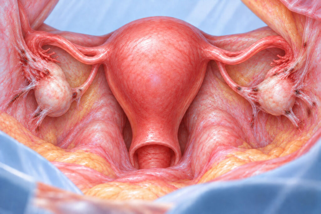 Medical illustration showing an ovary stuck to the pelvic wall by adhesions associated with endometriosis.