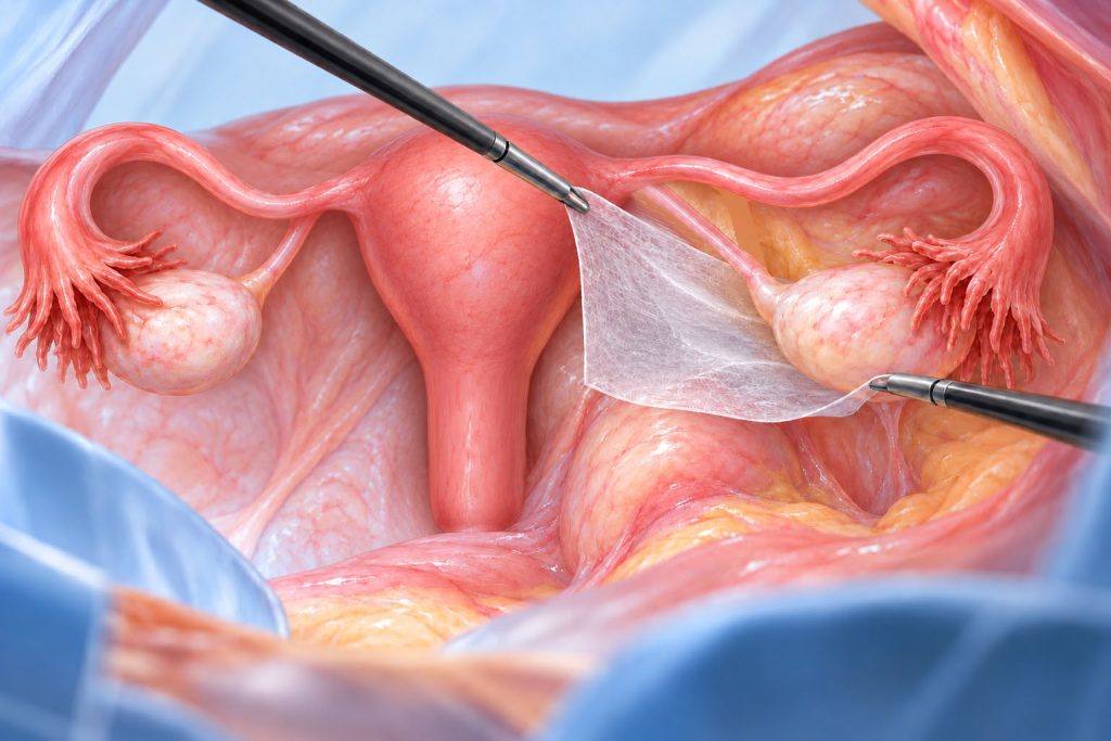 Adhesion barrier placed between pelvic tissues during endometriosis surgery to help reduce postoperative adhesions