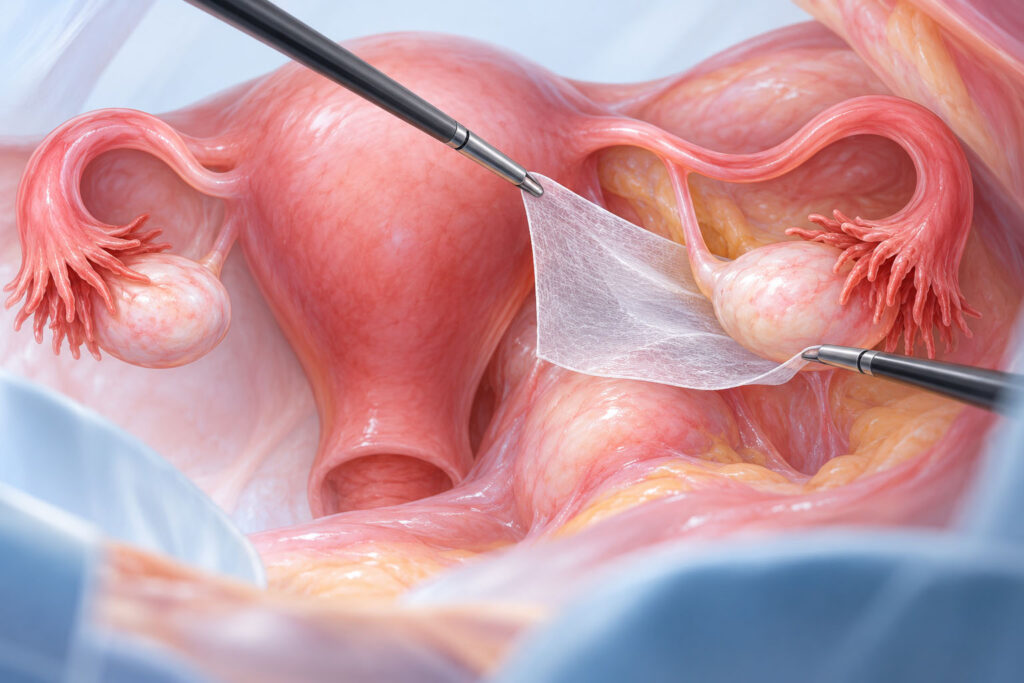 Adhesion barrier placed between pelvic tissues during endometriosis surgery to help reduce postoperative adhesions