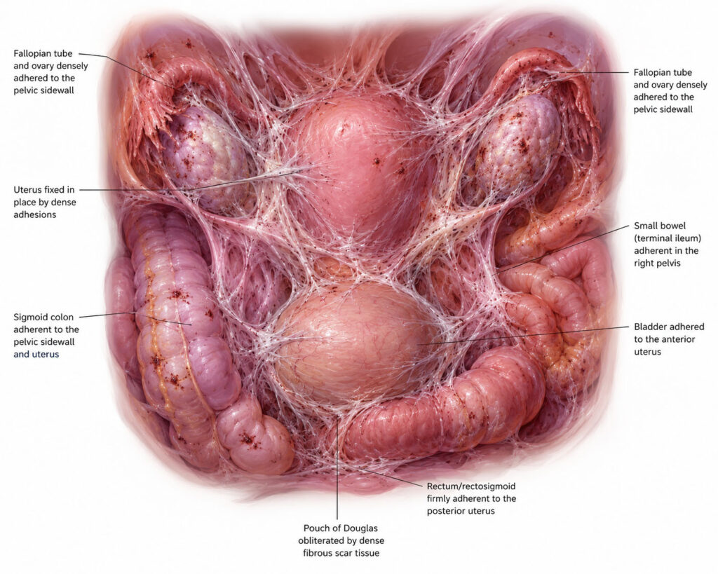 Frozen pelvis caused by endometriosis and pelvic adhesions
