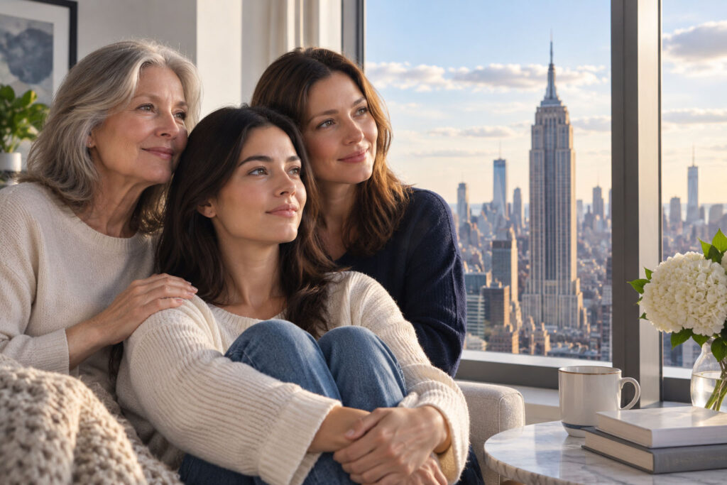 Three generations of women together, representing family history and the hereditary risk of endometriosis.