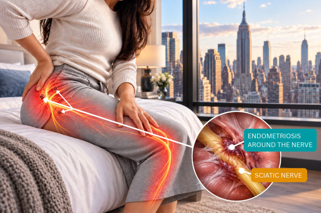Woman experiencing leg pain during her period with illustration of pelvic nerves and endometriosis.