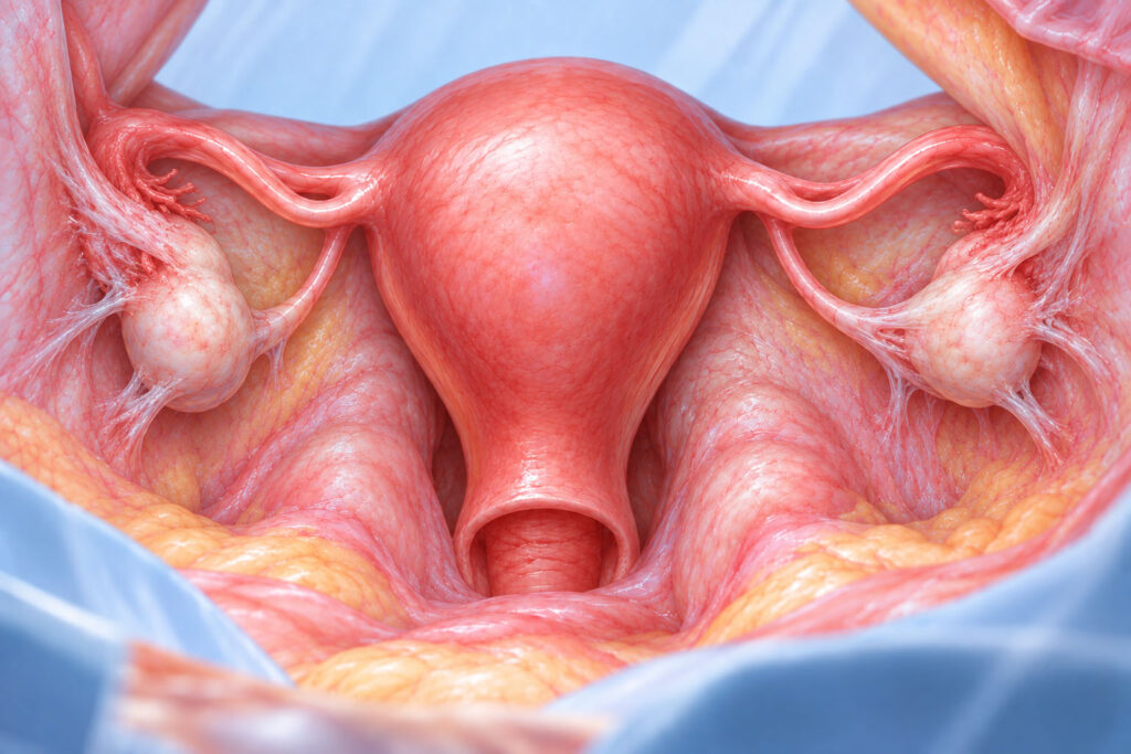 Medical illustration showing an ovary stuck to the pelvic wall by adhesions associated with endometriosis.