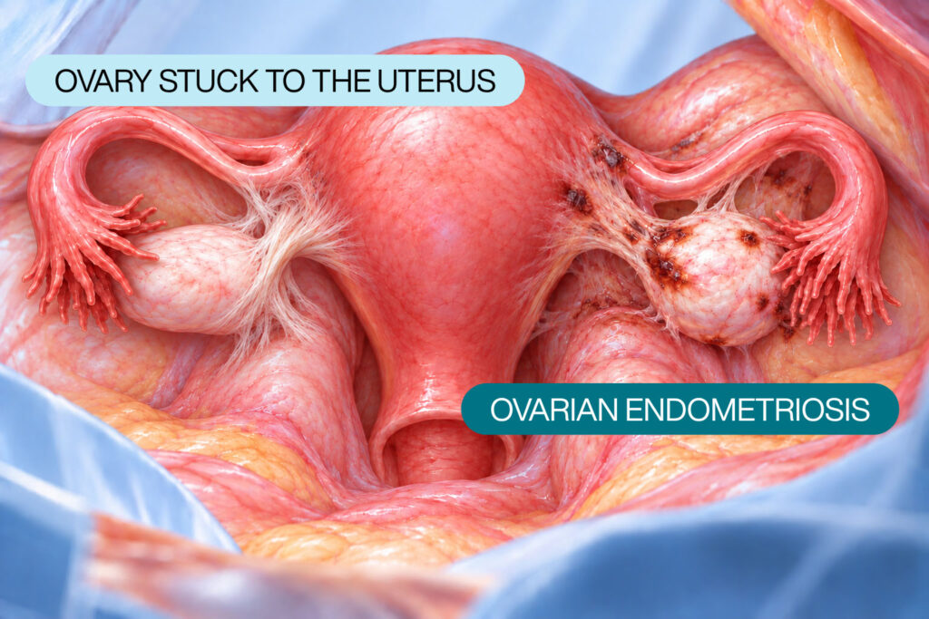 Medical illustration showing ovaries stuck to the uterus by pelvic adhesions, with endometriosis lesions on the right side.