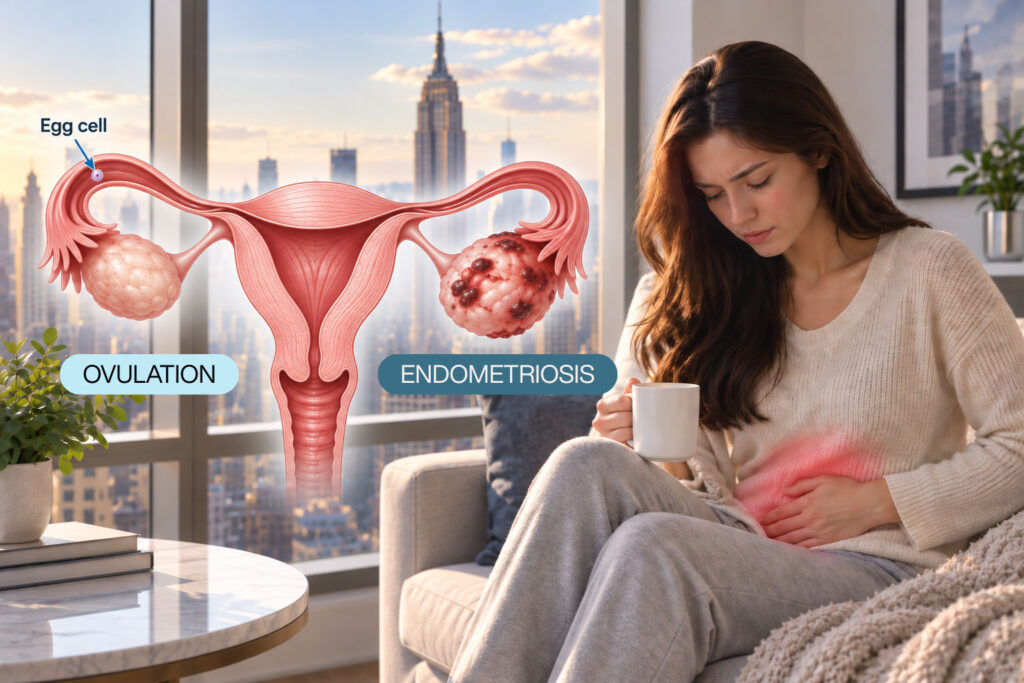 Medical illustration of ovulation and endometriosis showing an egg cell in the fallopian tube and a woman experiencing pelvic pain.