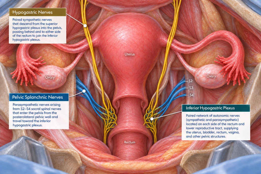 Medical illustration showing the hypogastric nerves, pelvic splanchnic nerves, and inferior hypogastric plexus in the female pelvis.
