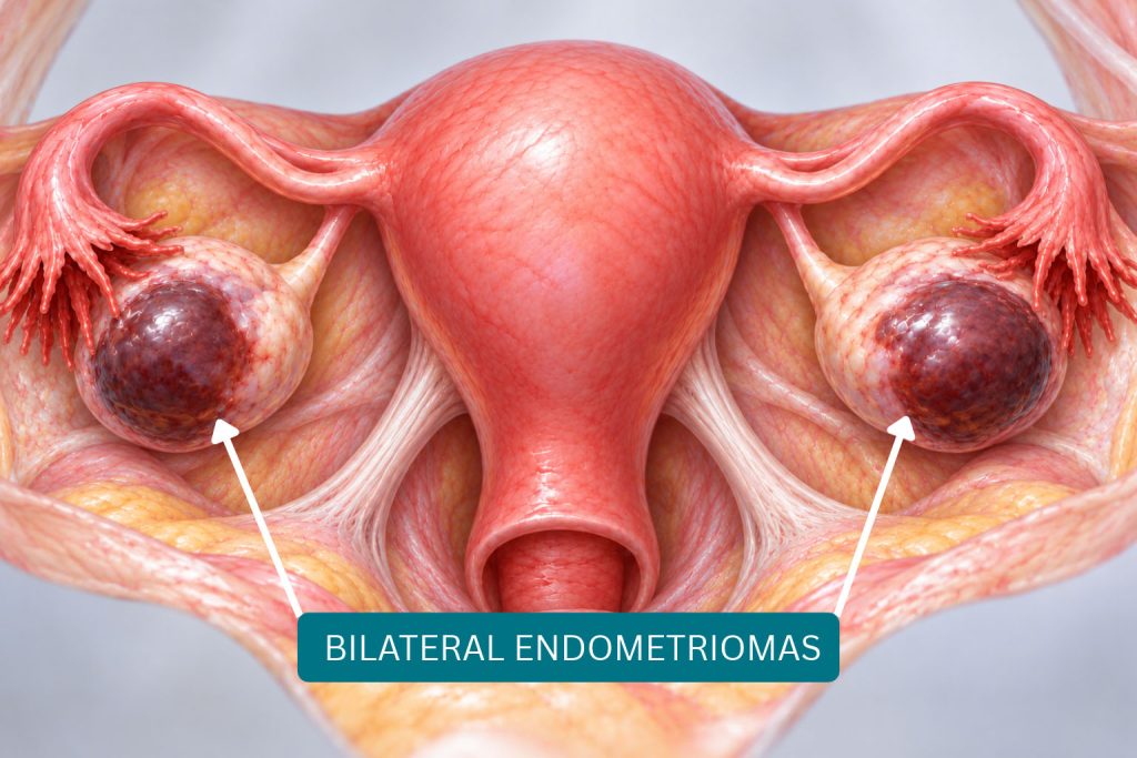 Medical illustration showing bilateral ovarian endometriomas affecting both ovaries.