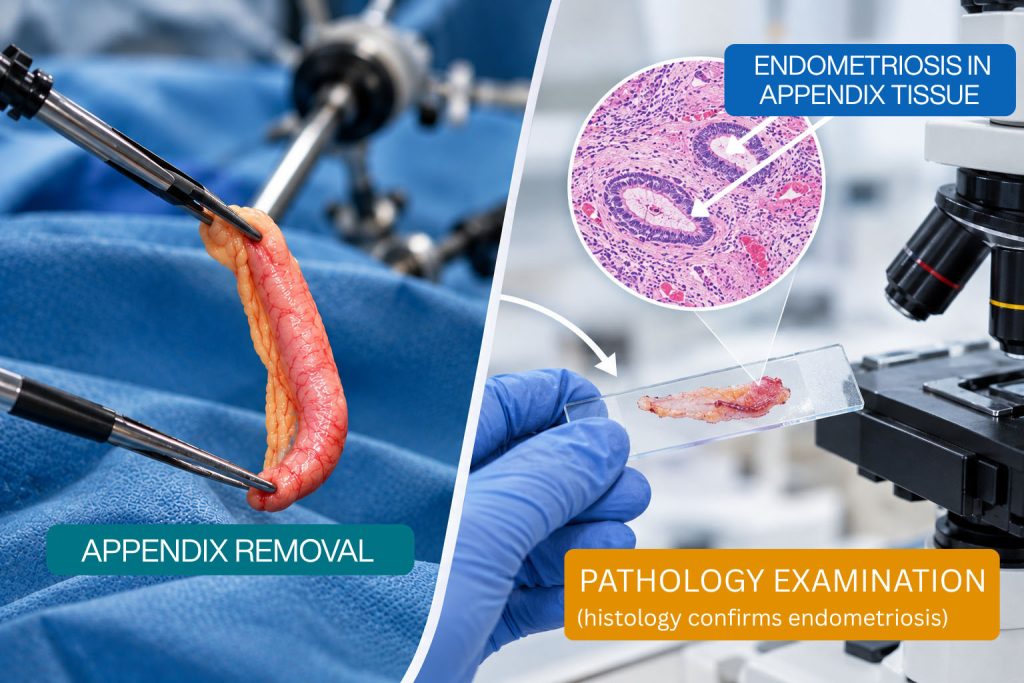 Illustration of appendix removal during laparoscopic surgery followed by pathology examination confirming endometriosis in appendix tissue.