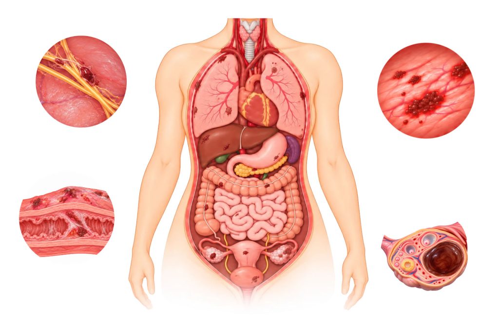 Medical illustration showing endometriosis lesions affecting organs beyond the reproductive system, including the bowel, chest, and pelvic tissues.