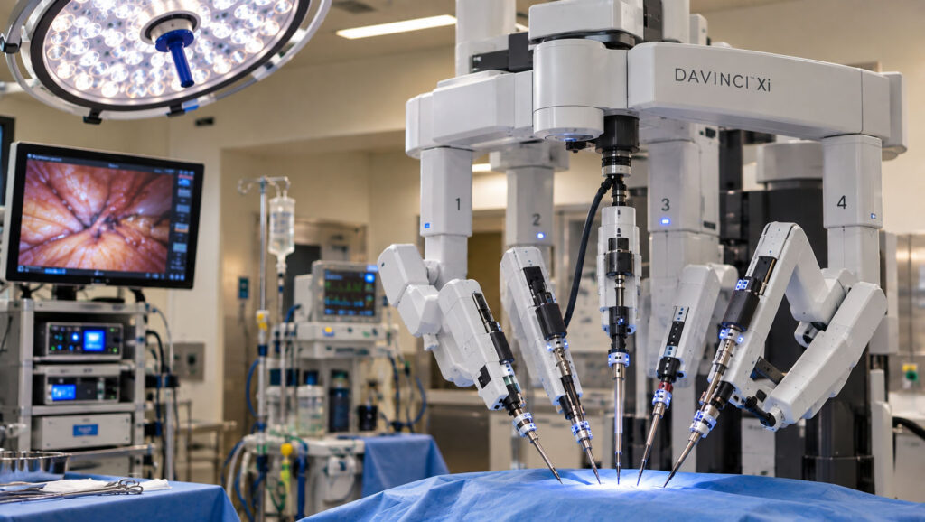 Da Vinci robotic surgical system in an operating room for minimally invasive gynecologic surgery.