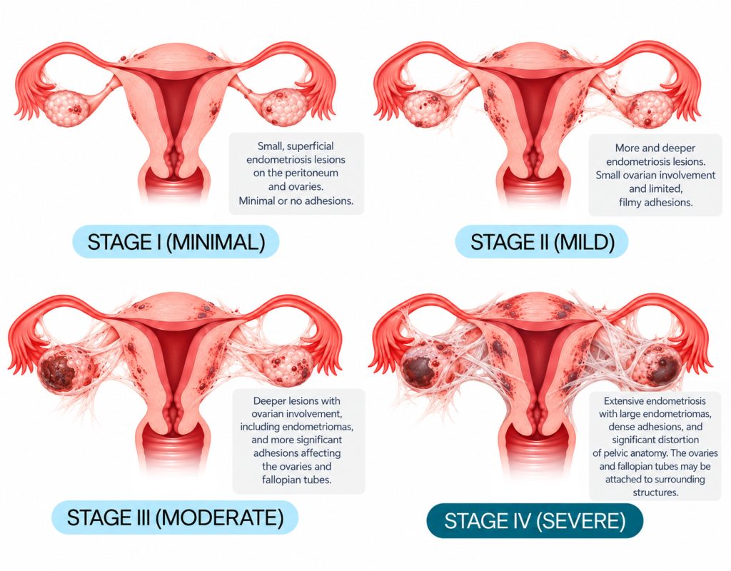 Medical illustration comparing stages 1, 2, 3, and 4 of endometriosis, showing lesions, ovarian involvement, endometriomas, and pelvic adhesions.
