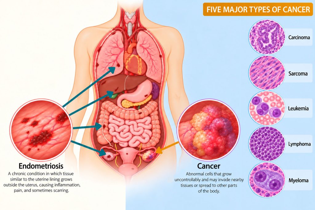 Medical illustration comparing endometriosis and cancer, showing affected organs, endometriosis lesions, abnormal tissue growth, and five major types of cancer.