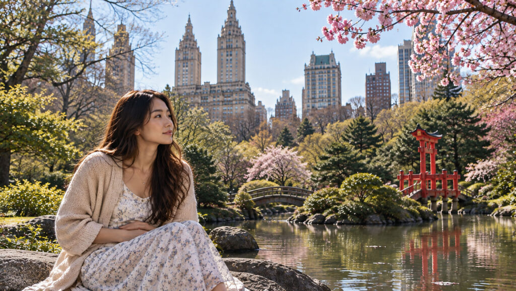Woman living with endometriosis sitting peacefully in a Japanese-inspired garden in New York.
