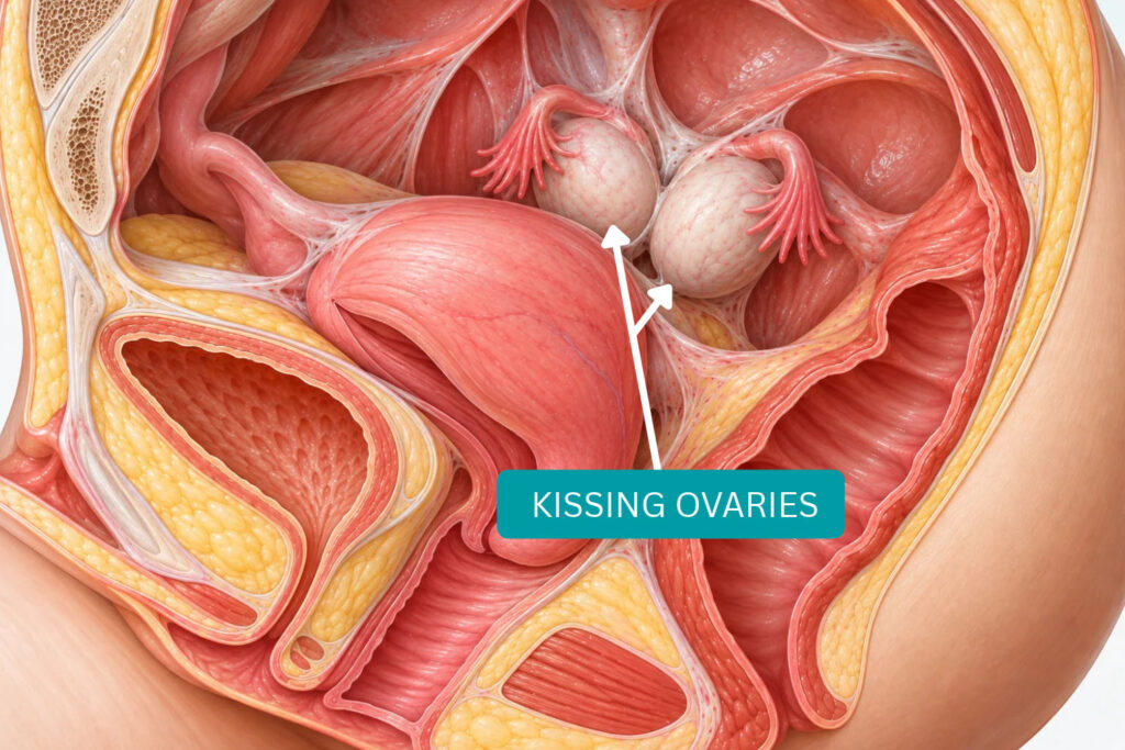Medical illustration of kissing ovaries positioned behind the uterus