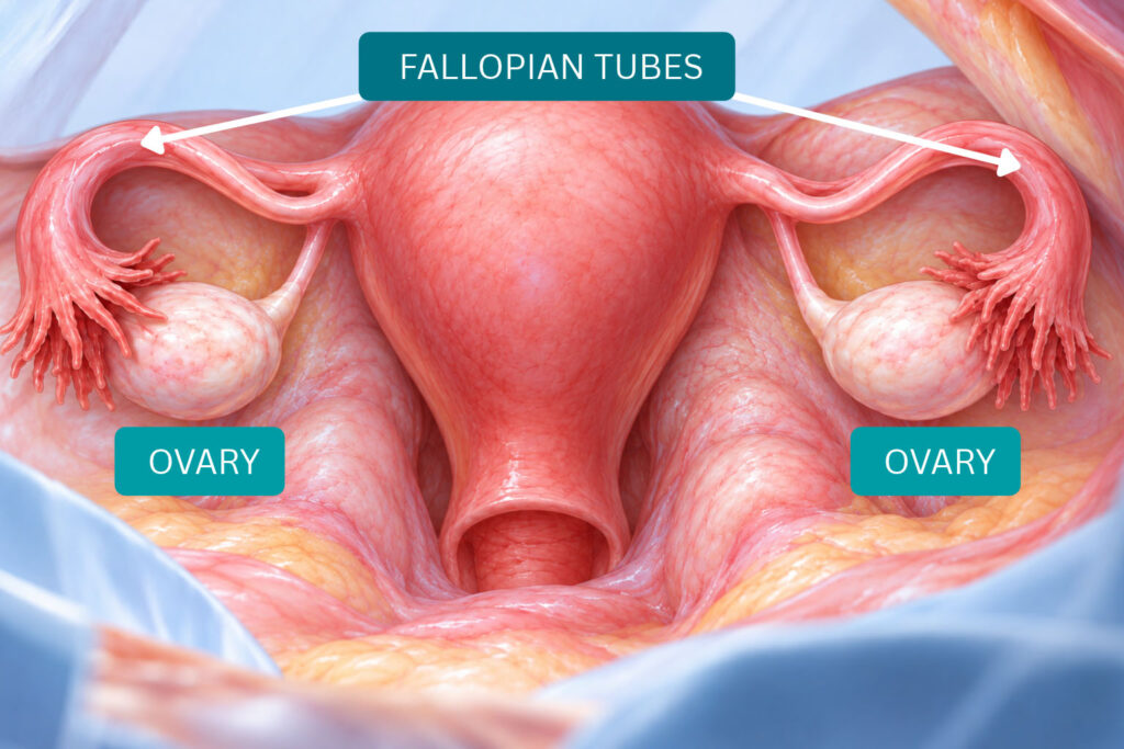 Medical illustration showing normal ovaries and fallopian tubes involved in natural conception.