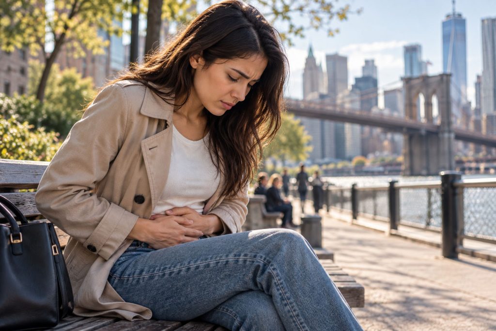Woman sitting on a park bench near the Brooklyn Bridge in New York, holding her lower abdomen due to pelvic pain.