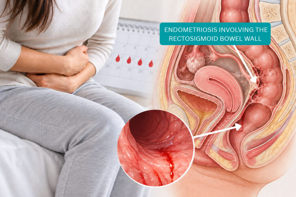 Medical illustration showing bowel endometriosis near the rectum and rectosigmoid area in a woman experiencing symptoms during her period.