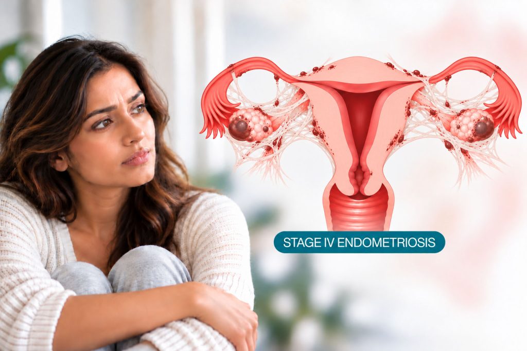 Woman looking at a medical illustration of stage 4 endometriosis affecting the uterus, ovaries, and fallopian tubes.
